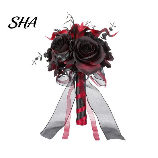 Halloween Flower Bouquet Gothic Wedding Bride Bouquet, Artificial Black Red Rose Spooky with Skeleton Hand Pumpkin Skull for Bridal Bridesmaid