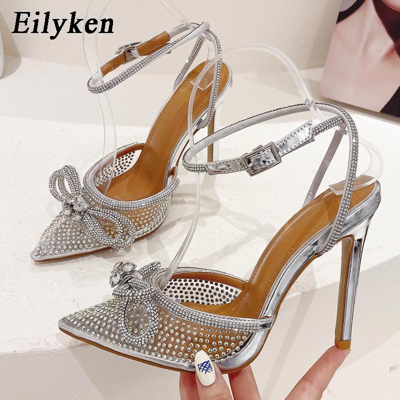 Fashion Luxury Women Shoes Transparent Silver CRYSTAL Women Pumps Fashion Ankle Strap Bridal Thin High Heels Spring Autumn Wedding Shoes