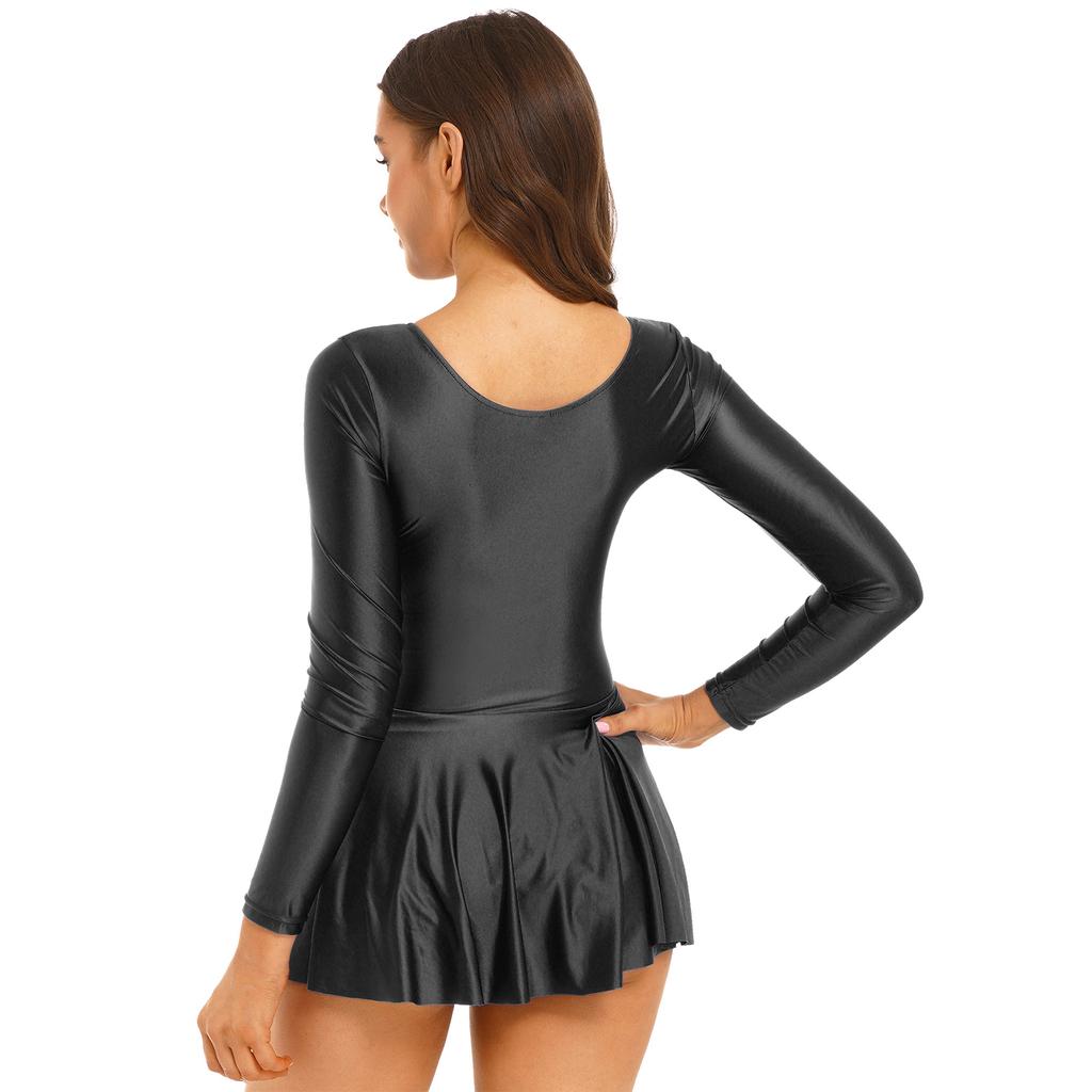 Woman Dance Gymnastics Skirted Leotard Dress Long Sleeve Sports Dance Party Mini Dress Swim Dresses