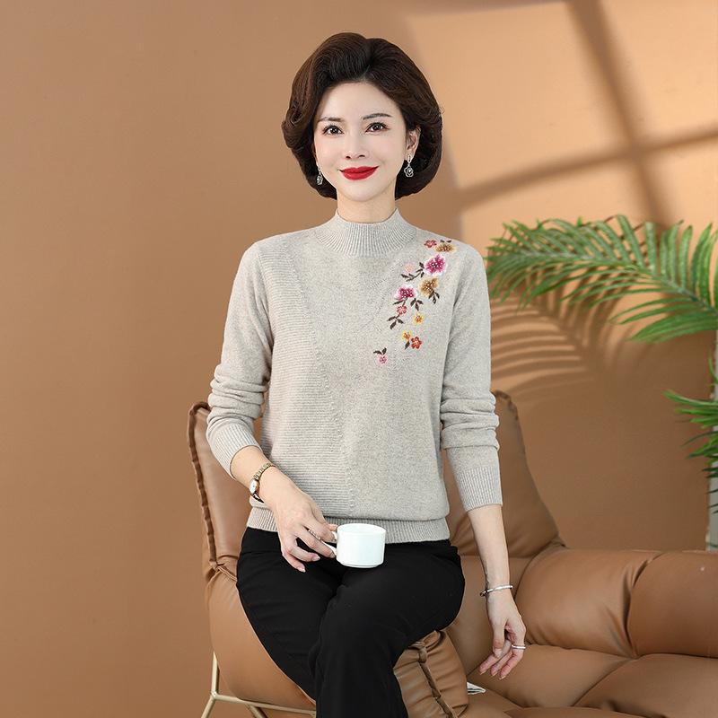 All-Wool High Neck Knitted Sweater for Middle-Aged & Elderly Women - Autumn/Winter 2023 Fashion