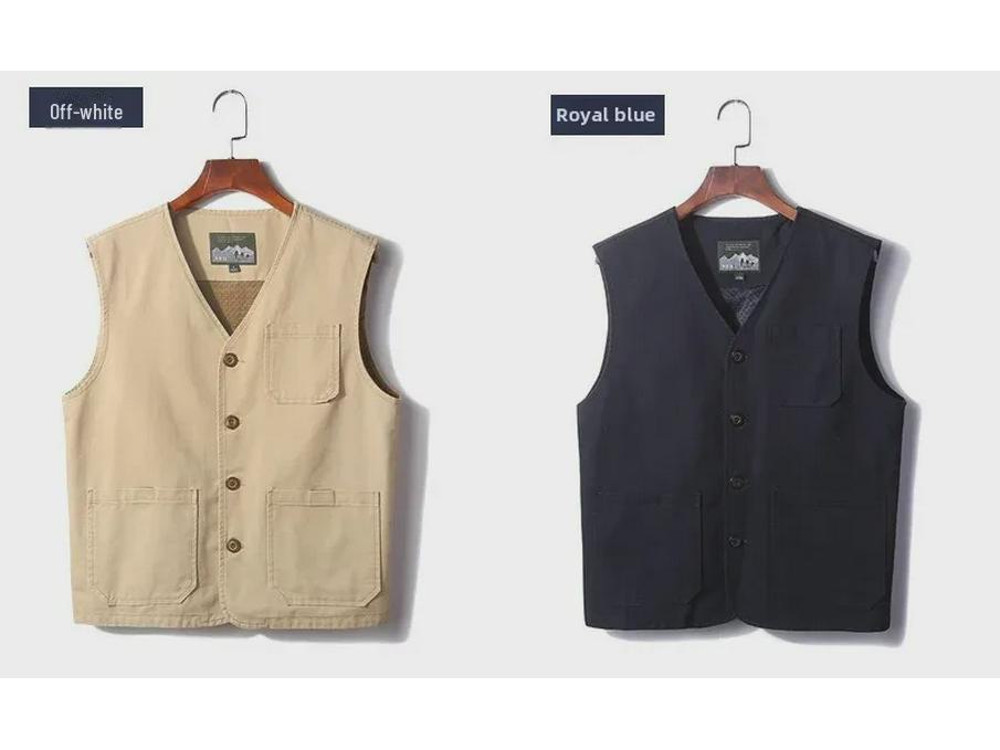 Extra Large Collarless Cotton Vest with Multiple Pockets for Spring/Autumn Outdoor Workwear