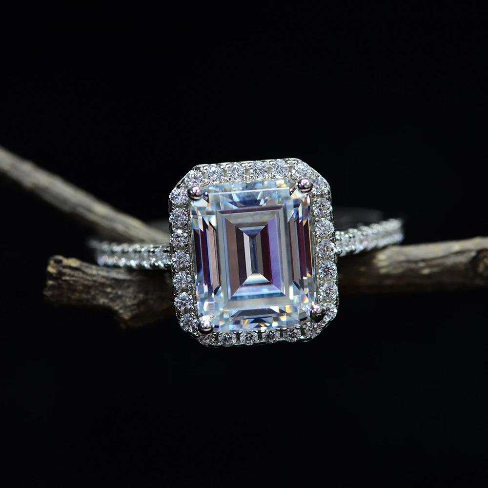 925 Silver Rectangle Real Moissanite Diamond Ring D Color VVS Clarity Timeless Feminine Luxury Jewelry