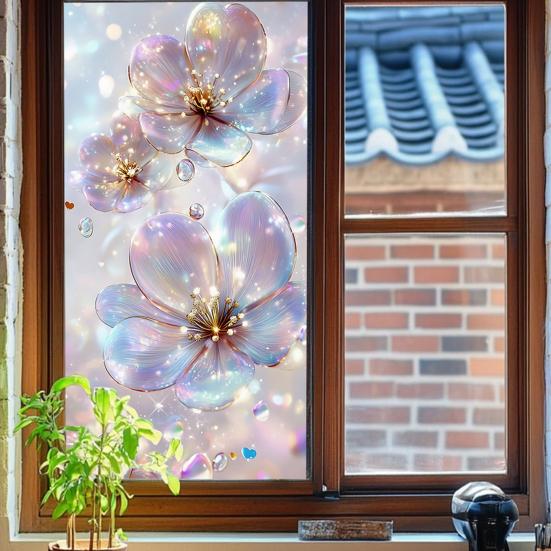 Flowers Window Privacy Film Stained Glass Tulip Butterfly Window Cling Static Glass Sticker for Home Kitchen Office