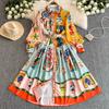 Spring Autumn Women Brand Designer Print Runway Dress Turn-down Collar Shirt Holiday Party Dresses