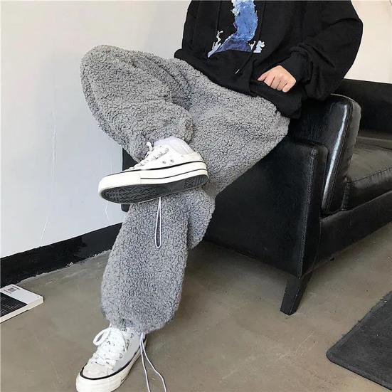 Autumn Winter Women Pants Solid Color Elastic Waist Thickened Imitation Cashmere Loose Straight Ankle Tied Trousers Streetwear