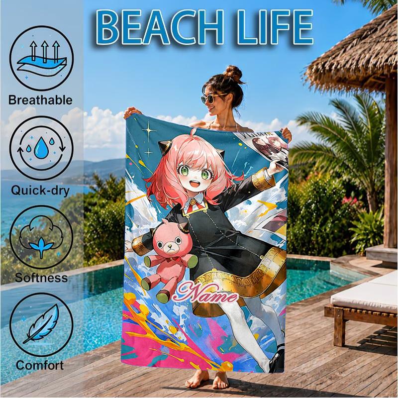 Custom Name Adventure Cute Anya Beach Towel Microfiber Beach Towel, Lightweight and Quick-Dry, for Summer Travel, Swimming Pool Gift
