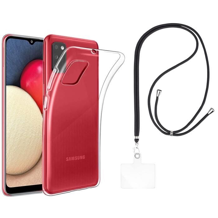 Coque et tour de cou pour Samsung Galaxy A02S - TPU Souple Transparent Cordon Noir réglable Phonillico®