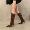 Fashion Pleated Knee-high Women Boots Pointed Toe High Heels Spring Autumn Ladies Shoes Suede Fashion Solid Pile Up Long Knight Boots