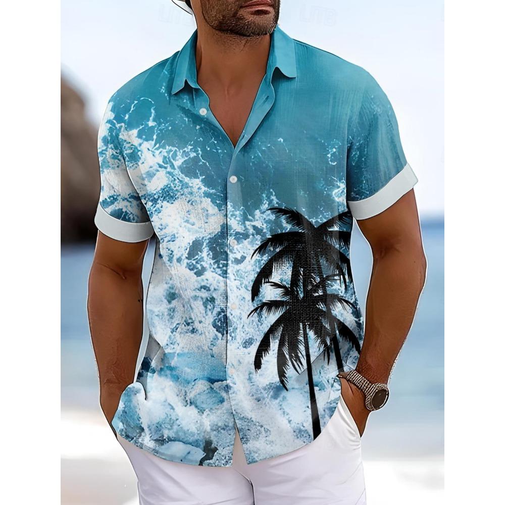 Мужская гавайская рубашка с изображением кокосовой пальмы, градиентного цвета, тропических растений, летняя рубашка на пуговицах, рубашка в стиле алоха, гавайские рубашки с коротким рукавом
