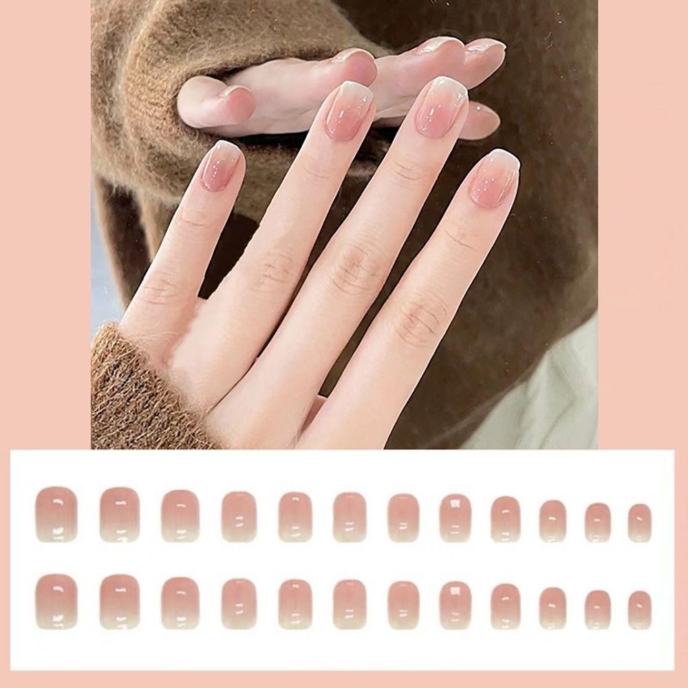 24Pcs/Box Glossy Gradient False Nails Full Cover French Style Nails Reusable Press On Nails Girl