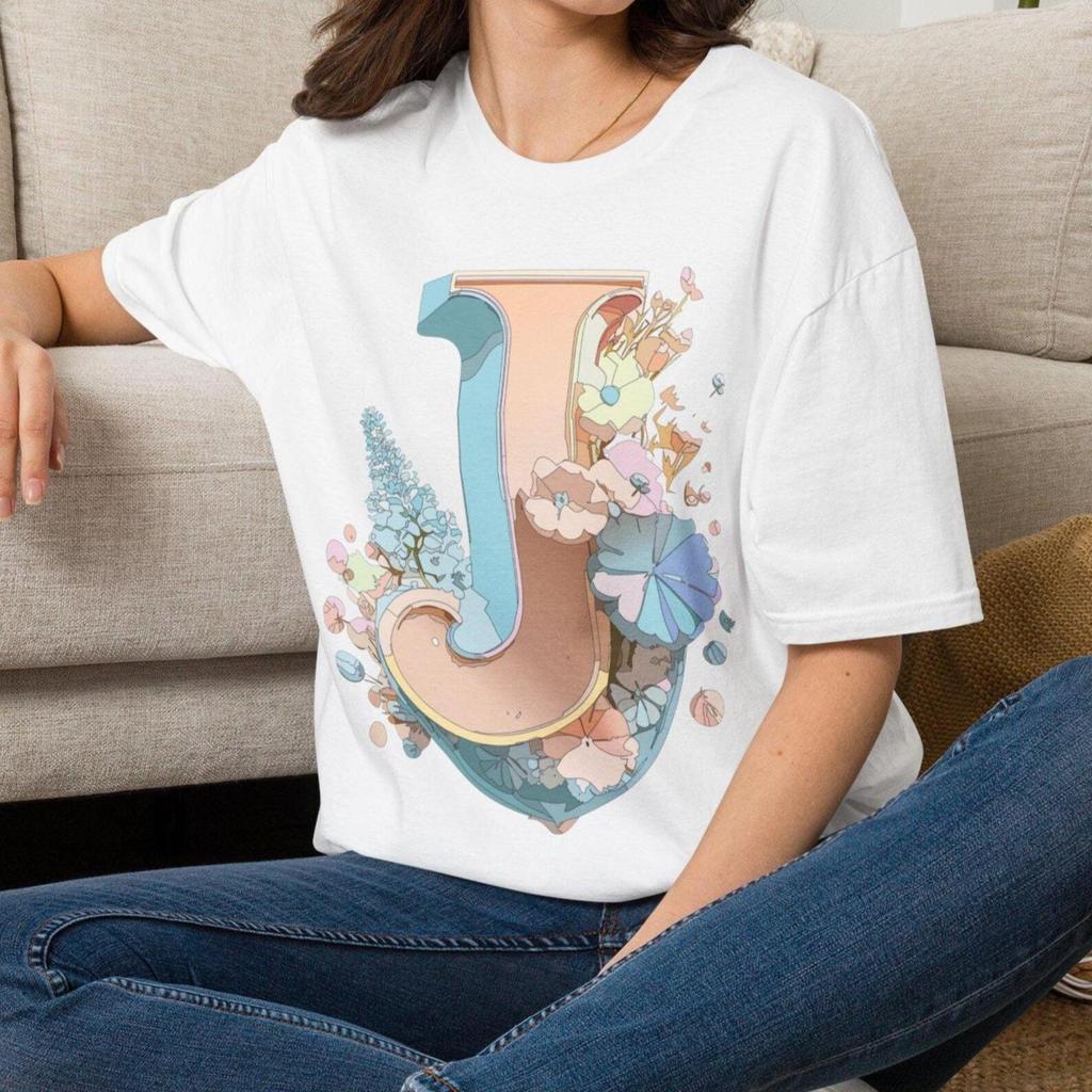Floral Letter J T-Shirt | Monogram Initial Flowers Letter J Tee Gift for her Mom Grandma Family Friend Sister Crew Team Party Aunt