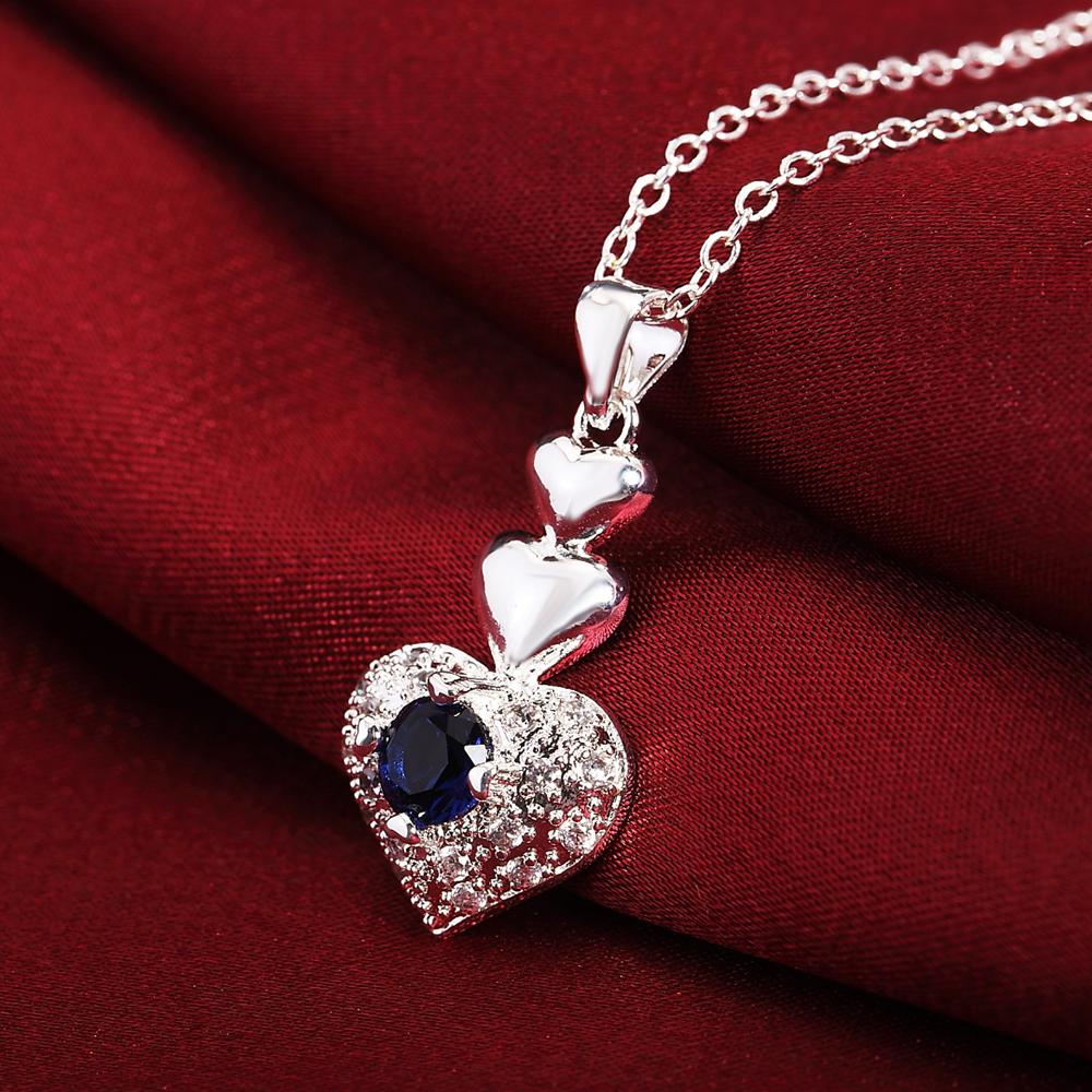 925 Stamped Silver Noble Blue Crystal Heart Pendant Necklace For Women Fashion Wedding Accessories Party Jewelry Gift