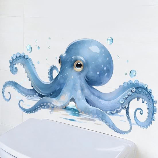 Large Blue Octopus Wall Sticker Ocean Animal Wall Decal Peel And Stick Art Mural for Bathroom Kitchen Living Room Summer Wall