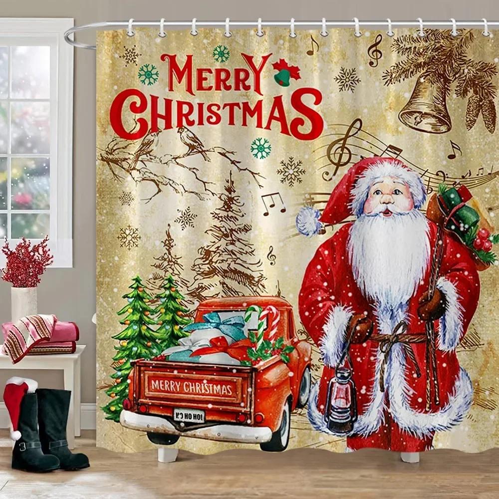 Merry Christmas Bathroom Curtains Snowman Christmas Tree Gift Red Truck Polyester Fabric Washable Shower Curtain Bathroom Decor