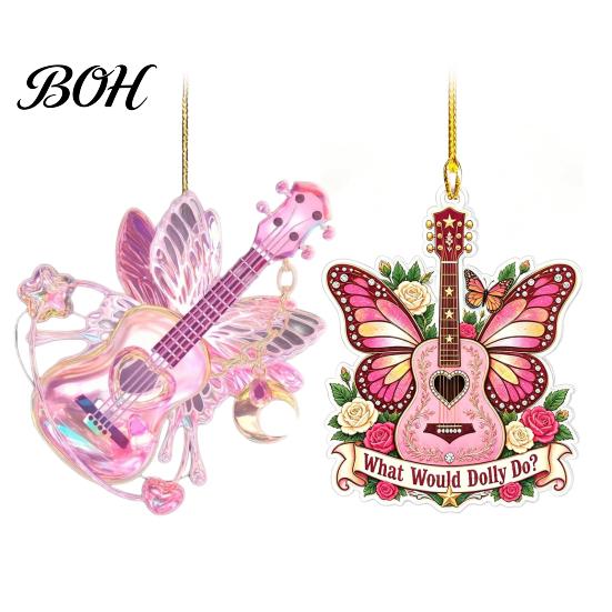 Festival Decorative Ornaments Pink Guitar Butterfly Ornament, Acrylic Music Hanging Decor with Rose Holiday Baubles And Quote, Christmas Tree Pendant,