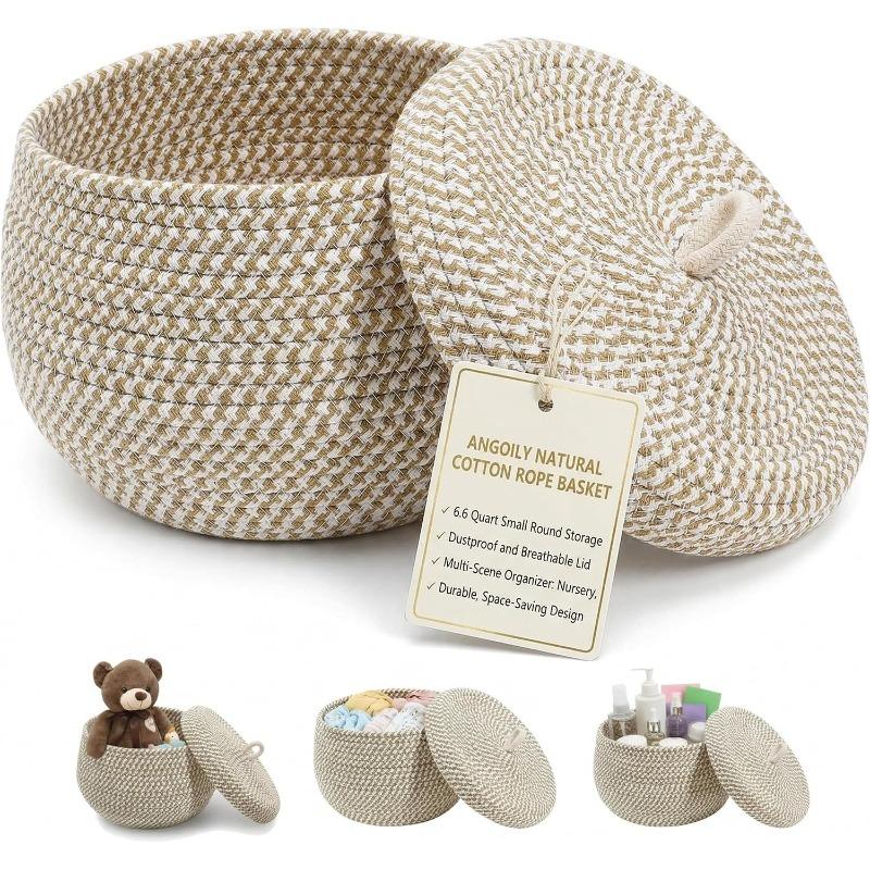 6.6 Quarts Woven Cotton Rope Basket with Lid, 1.6 Gal Small Round Decorative Storage Organizier Bin Box for Nursery, Living Room, Blanket, Home Decor