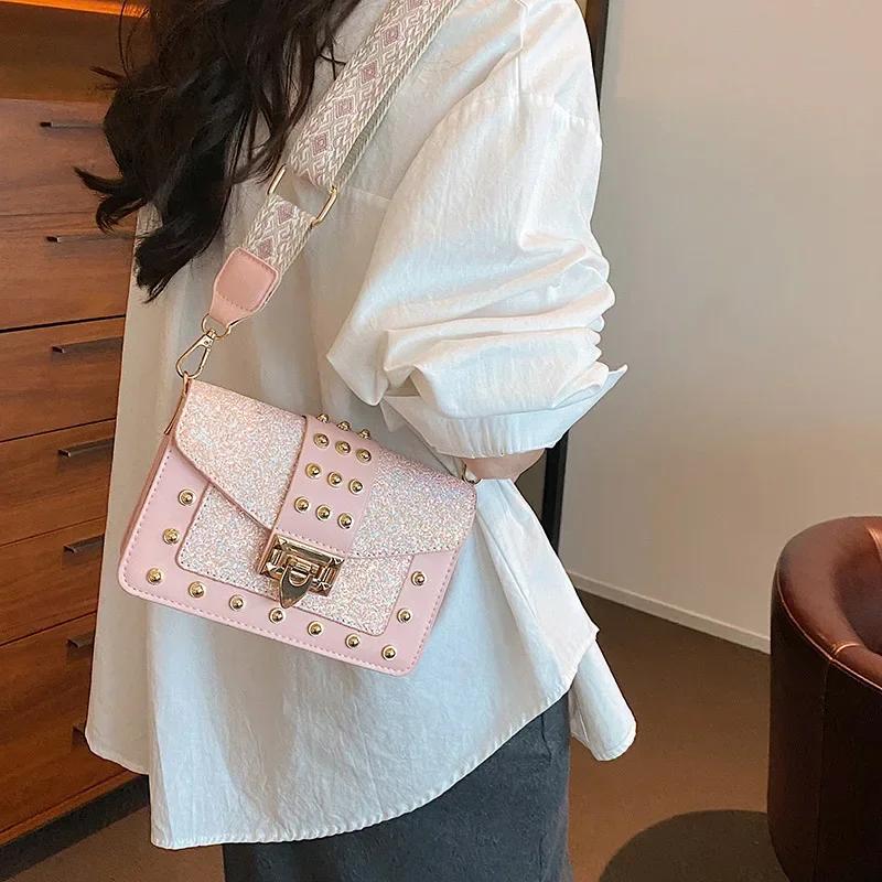 Модная женская сумка через плечо с заклепками из лакированной кожи, широкая сумка через плечо, женская модная маленькая квадратная сумка через плечо с пайетками