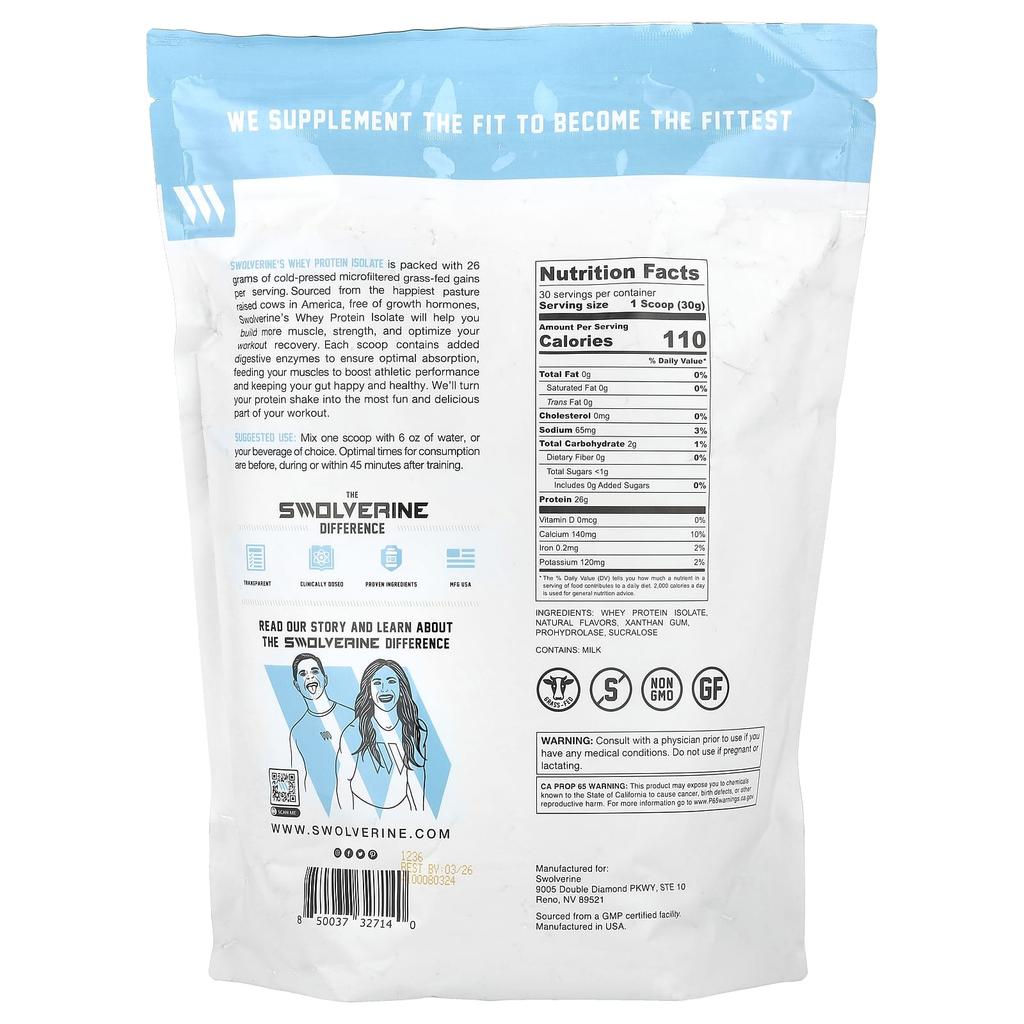 Swolverine Whey Isolate, Vanilla Milkshake, 1.98 Lb (900 G)