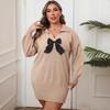Autumn and Winter Dress, Plus-size Women's Dress, Polo Collar, Hip-hugging Dress, Ribbon Bow and Patchwork Sweater Dress