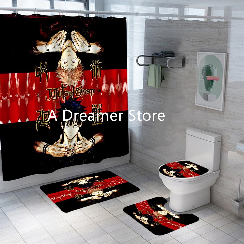 New Anime Jujutsu Kaisen Shower Curtain Set 4Piece Waterproof Polyester Bathroom Curtains For Adults Boys Decor Bath Mats Rugs