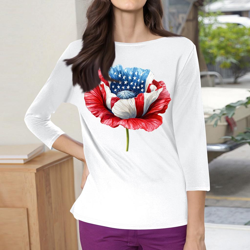 3/4 Sleeve Tops For Women T-Shirt Casual Print Tops T Shirt Round Neck Pullover Blouse