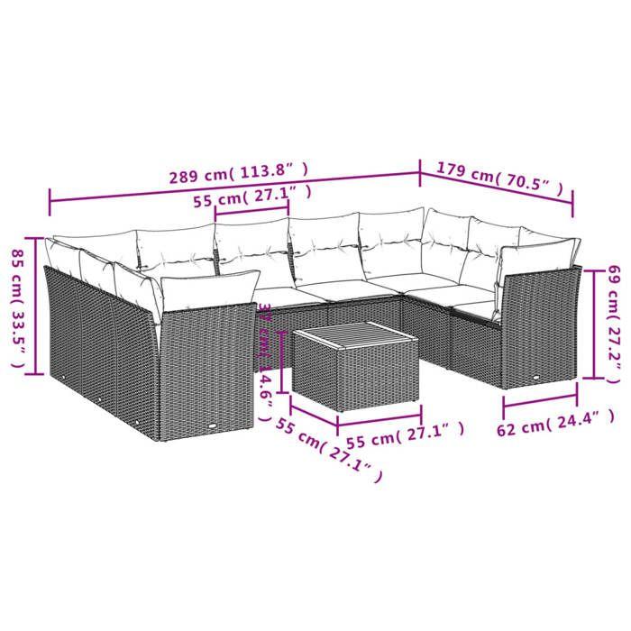 VidaXL Salon de Jardin avec Coussins 10 pcs, Canapés de Terrasse, Ensemble de Meubles de Patio, Mobilier d'Extérieur, Noir 3256132