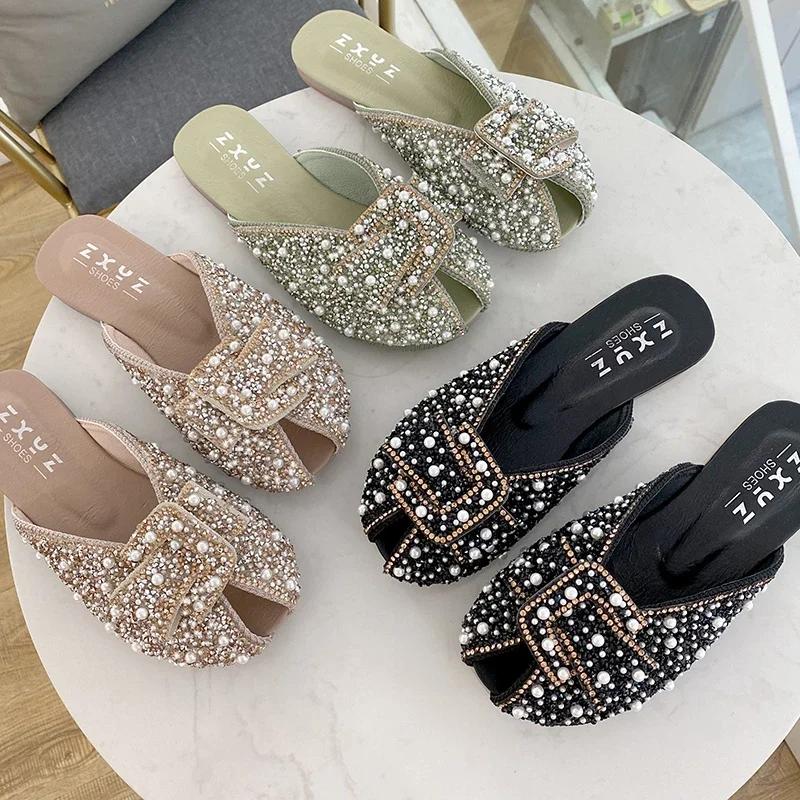 Fashion For Women 2024 Loafers Glitter Slides Ladies' Slippers Peep Toe Flat Shoes Female Pantofle Fashion Jelly New Luxury