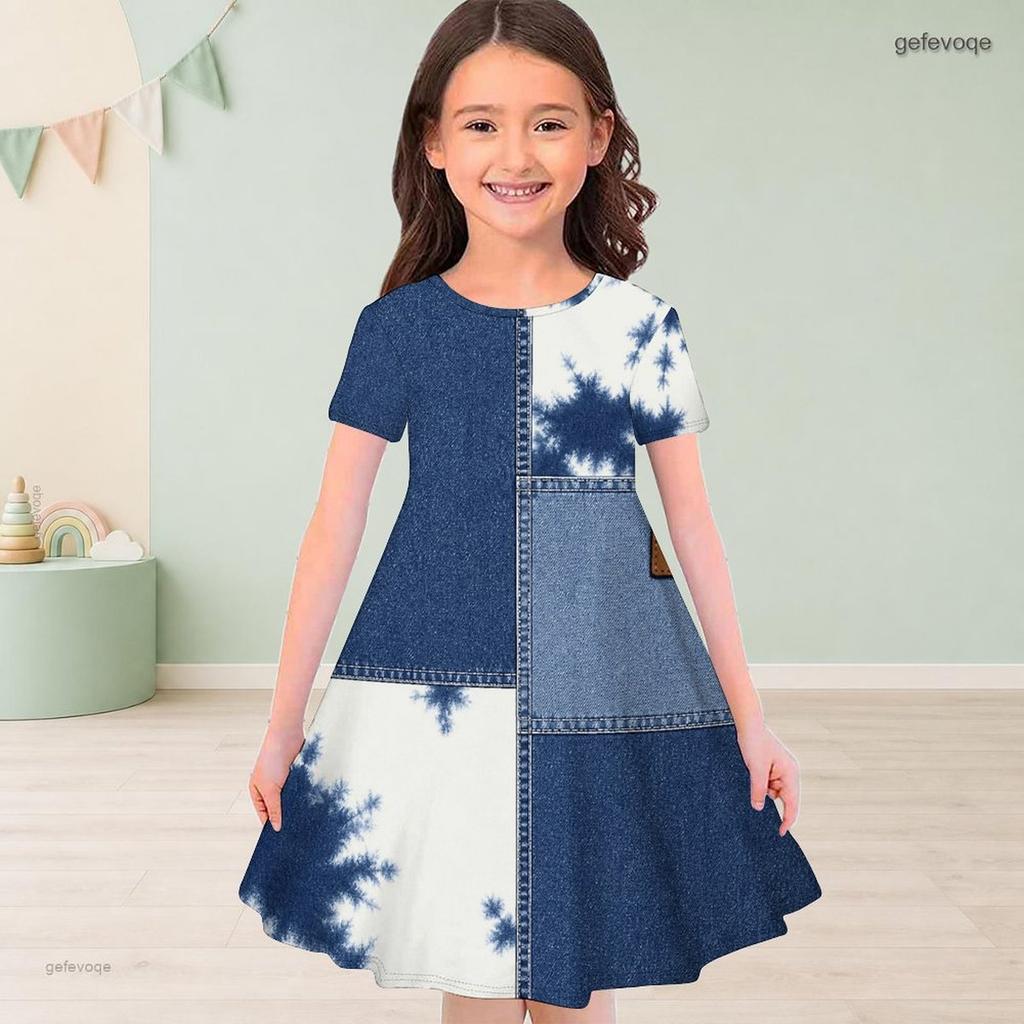 Girls Round Neck Short Sleeve Abstract Printed Blue Beige White A Line Flared Dress