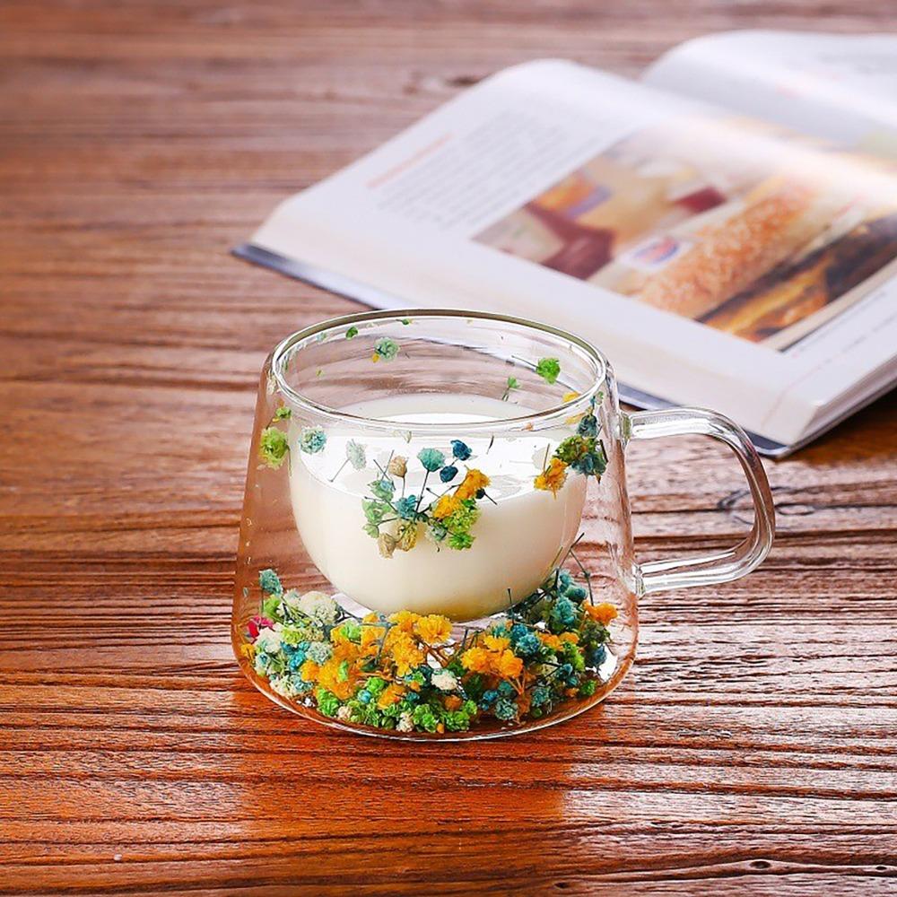 Dried Flower Decorated Double Wall Glass Cup 350ml Dried Flower Decorated Cup Home Use