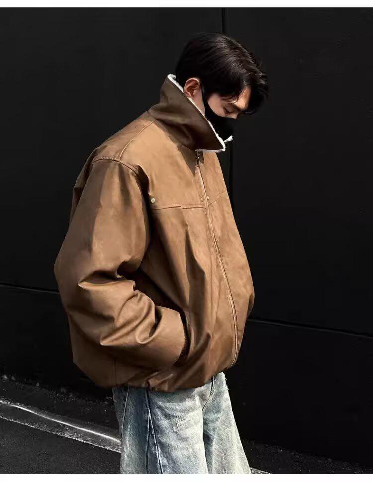 Мужской ретро-цельный пальто из шерсти ягненка тай-дай с бархатной подкладкой, отложным воротником и кожаными акцентами