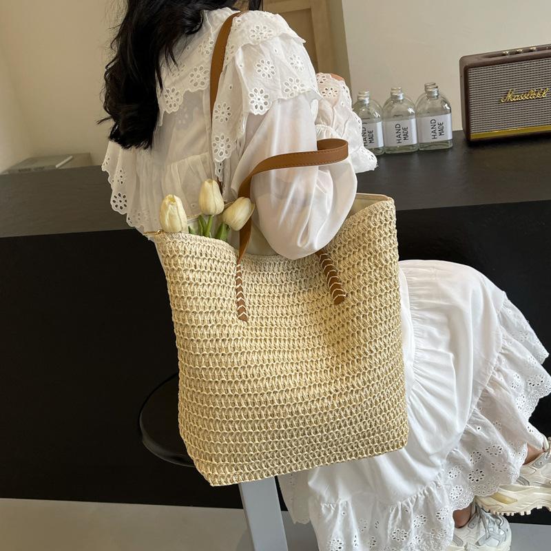 Большая вместительная модная сумка ручной работы, весенне-летняя женская универсальная сумка через плечо, плетеная соломенная сумка-тоут