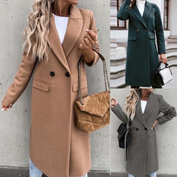 Elegant Long Blazer Suit for Women Office Winter Overcoat Button Placket Long Sleeve All Match Collar