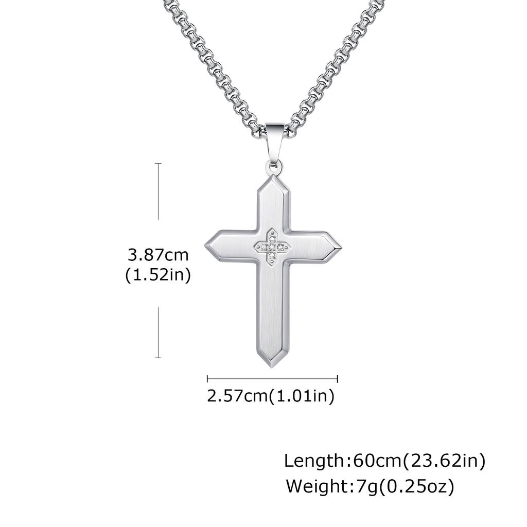 Stylish Stainless Steel Matte Cross Pendant Necklace With Zircon, Waterproof Christian Religious Faith Prayer Jewelry for Men