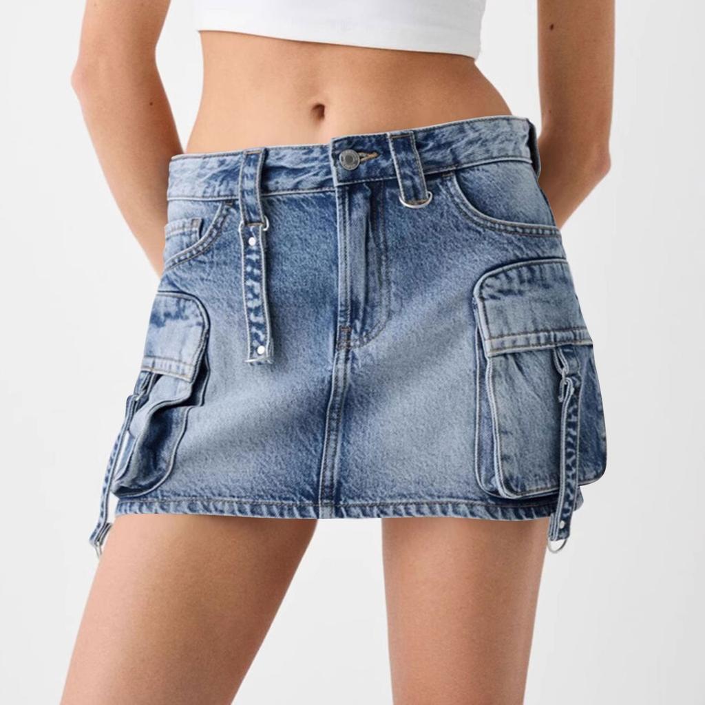 Женская джинсовая юбка карго с низкой посадкой на пуговицах, облегающая, с накладными карманами