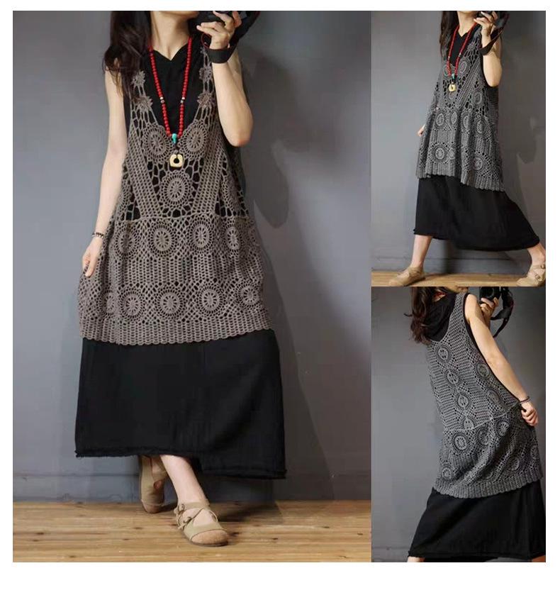 Женский длинный вязаный крючком жилет цвета хаки - Ретро свободный летний жилет