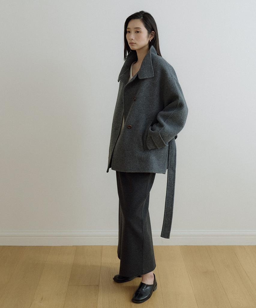 LINGSEOUL Handmade High Neck Half Coat-Charcoal