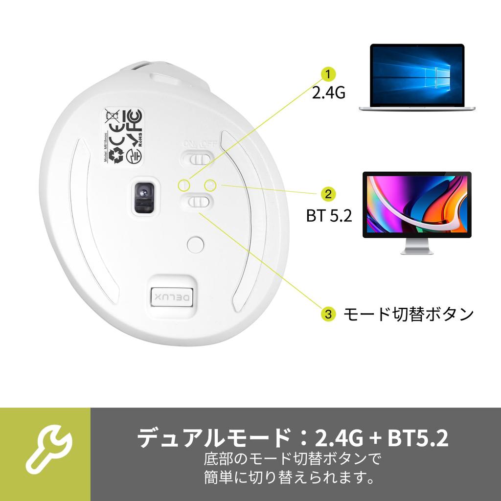 DELUX Ergonomic Wireless Small Vertical 4000 Dual for Carpal and Hand for and Macs Mouse, Quiet, Hand, Mouse, DPI, 2.4G/Bluetooth 5.2 Mode,