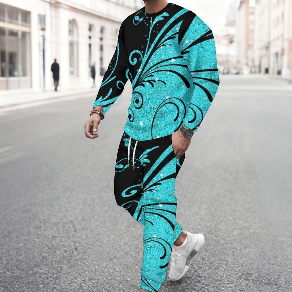 Men Black Blue Bohemian Mandala Partial Print Long Sleeve Sweatshirt Jogger Pants Two Piece Suit