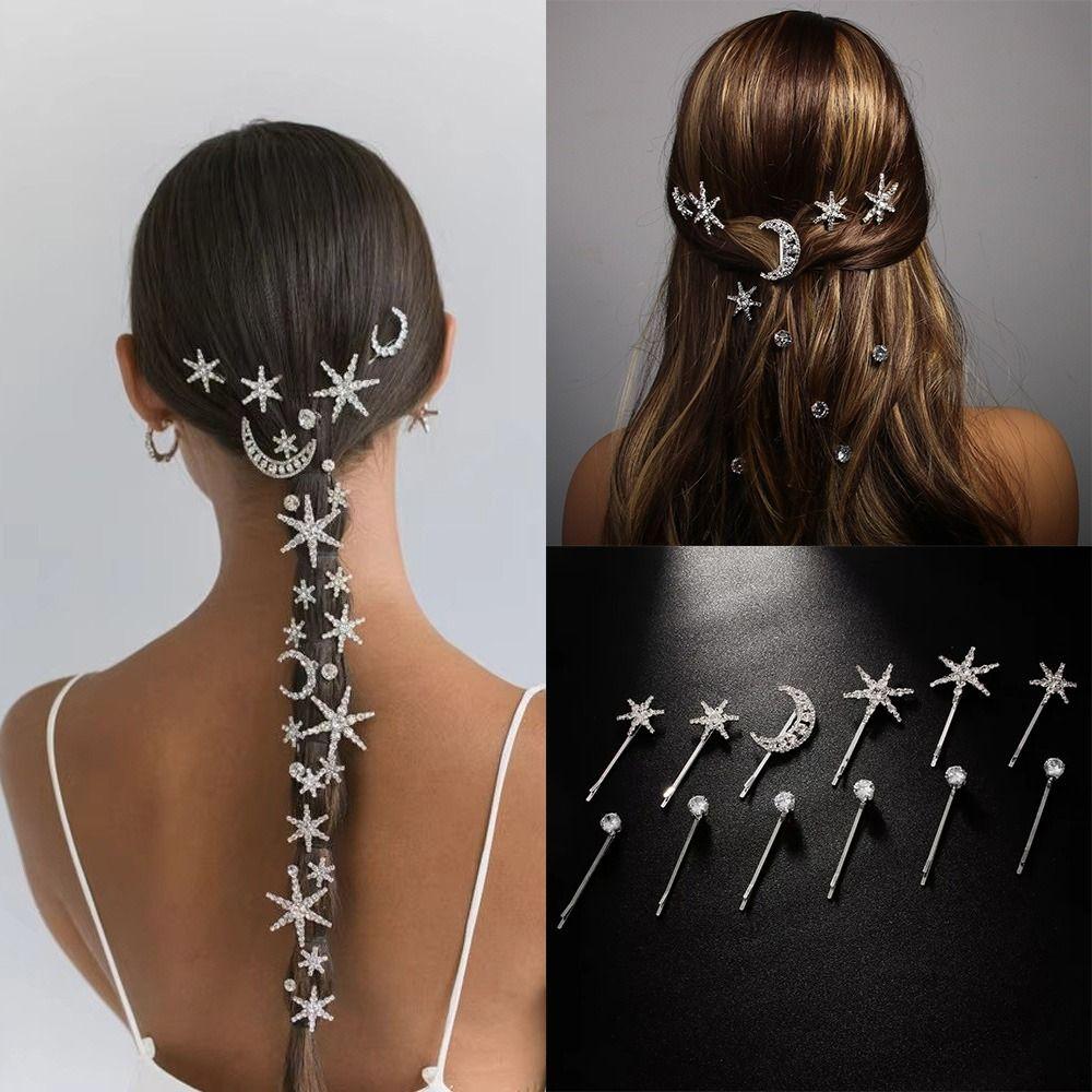 Shining Sparkling Star Moon Hair Clips Set Crystal Rhinestone Hairpin  Wedding Hair Accessories