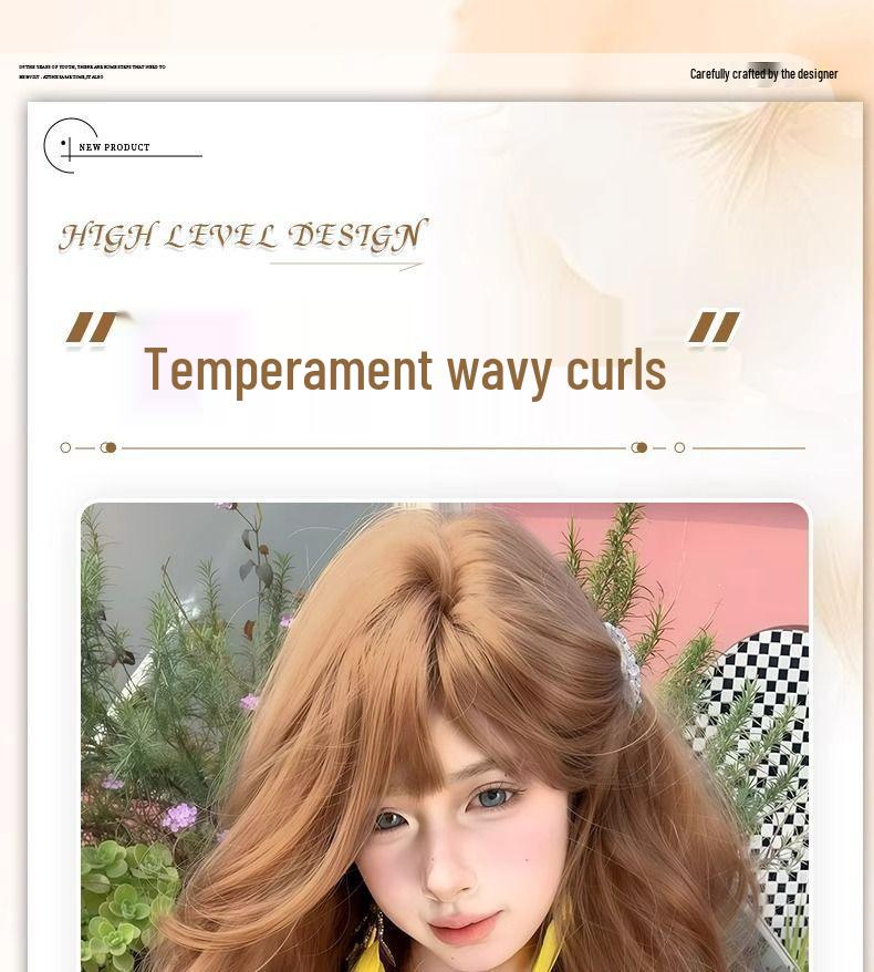 Champagne Color Long Curly Wig with Air Bangs - Korean Style for Women