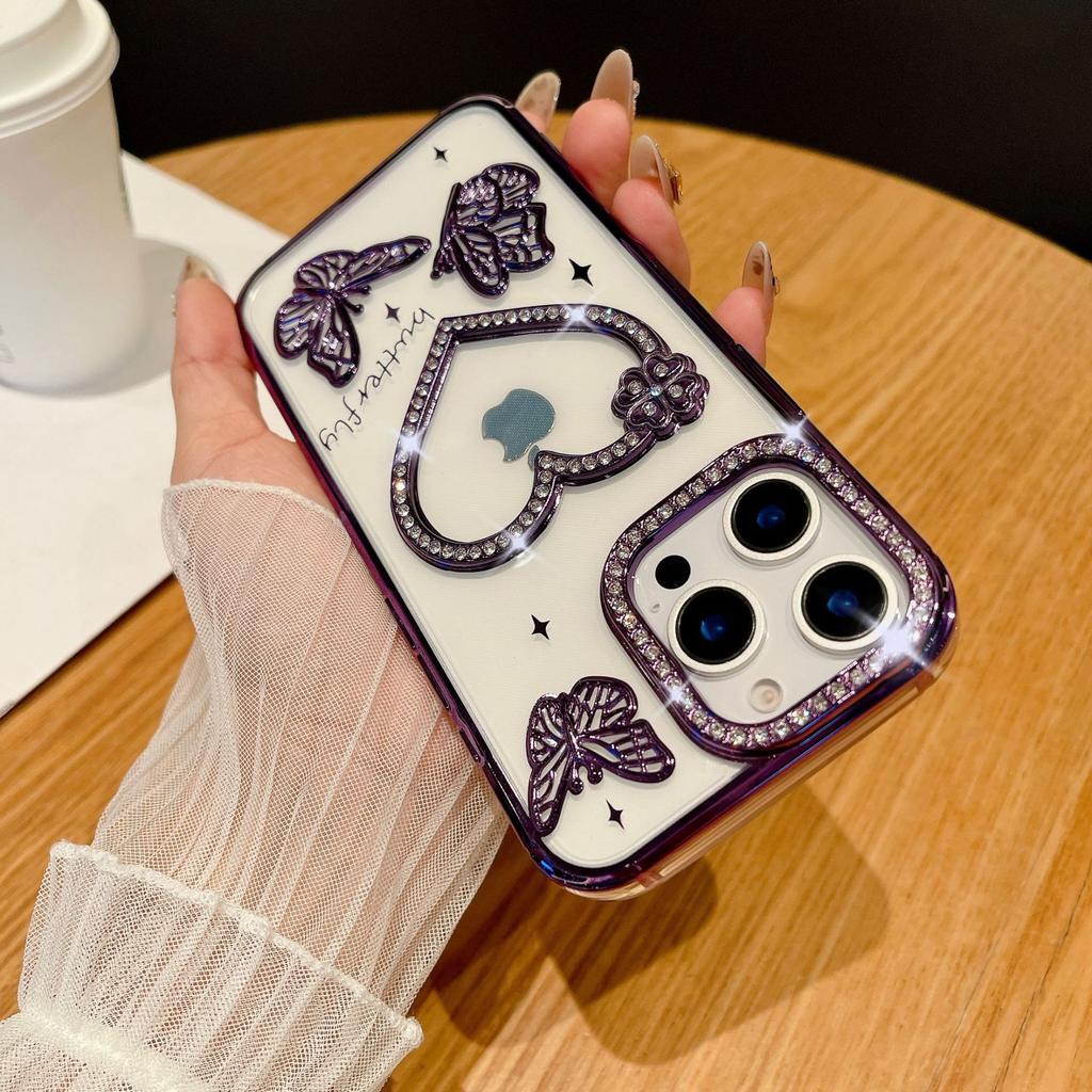 For IPhone 16 Promax Sparkling Diamond Phone Case for Apple 15 Love Butterfly 14 Gradient Sparkling Pink Soft Case