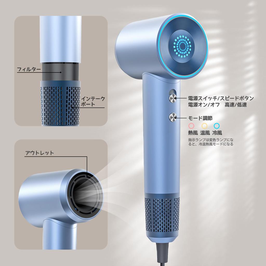 Фен Большой объем воздуха Фен для волос с отрицательными ионами YOUMAY Фен для волос 200 миллионов отрицательных ионов высокой концентрации 1300 Вт Большой объем воздуха Быстрая сушка 8