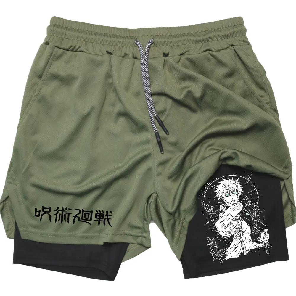 Тренировочные шорты 2 в 1 компрессионные шорты для мужчин тренажерный зал тренировки бег спортивные аниме джиу-джитсу кайсен карманы активная одежда