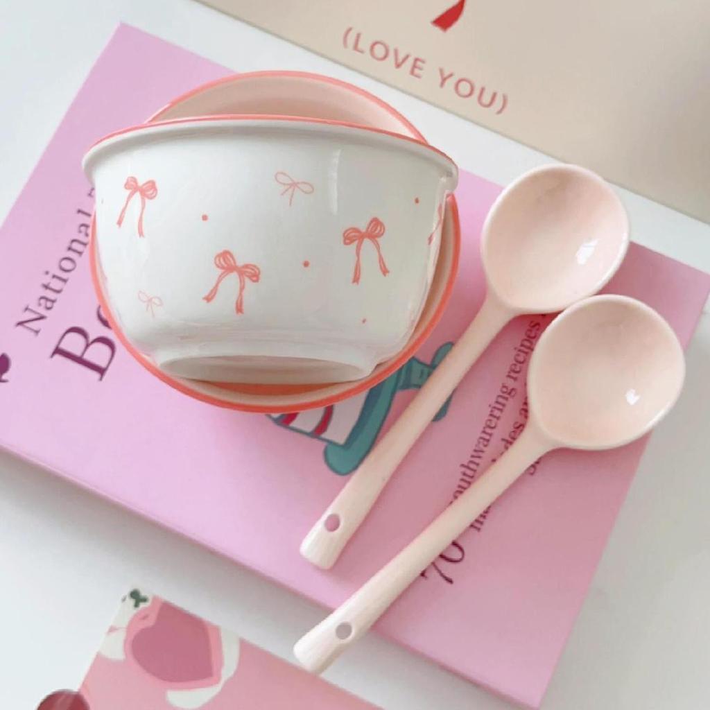 Pink Ceramic Bowl Spoon Set with Unique Underglaze Color Bowknot Pattern Suitable for Ice Cream Soup Rice