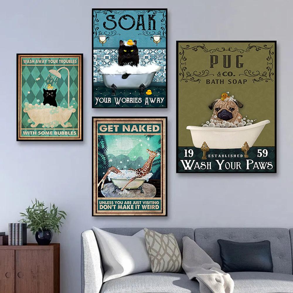 Кошка Русалка Мопс Енот Панда Жираф Ванна Настенная Живопись Печать Холст Картина Скандинавский Постер Настенные Картины Детская Комната Туалет Декор