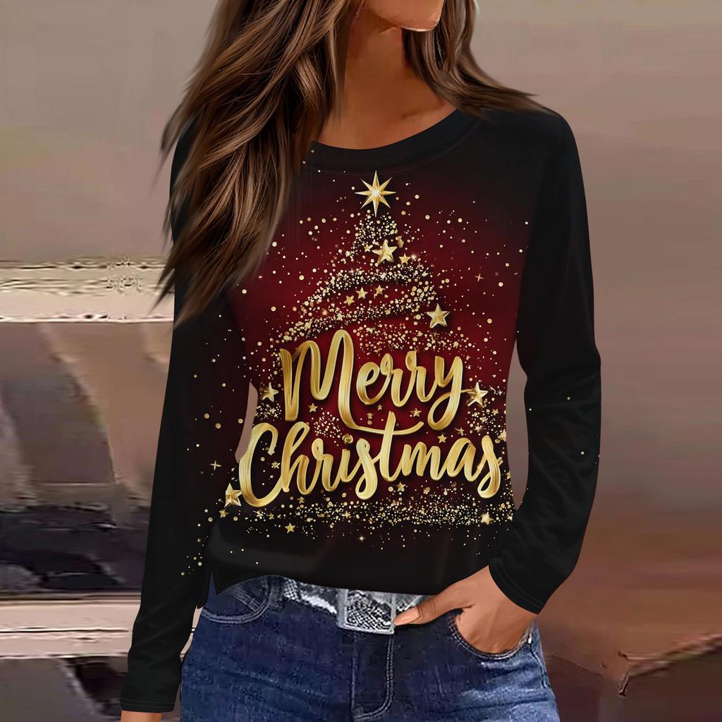 Женская модная повседневная футболка с разрезом по низу, круглым вырезом, длинными рукавами, свободного кроя, с рождественским принтом, женский топ