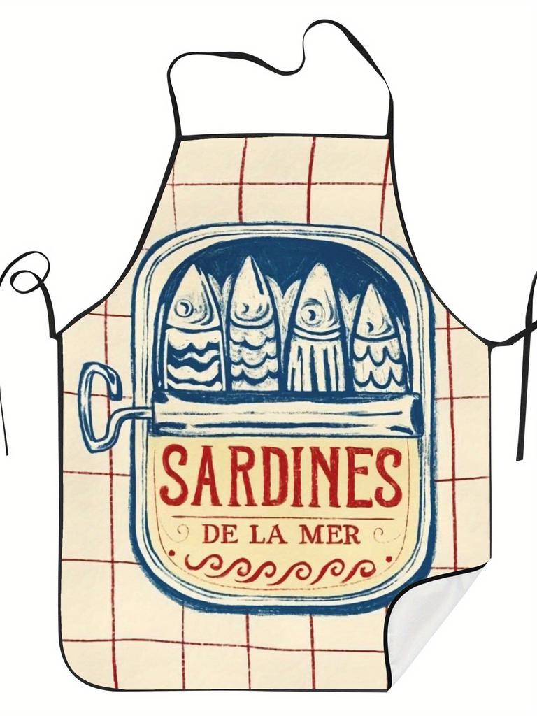 Vintage Sardines Can Design Apron - Blue & Red Kitchen Chef Waiter Barbecue Apron with Fish Illustration, Adjustable Neck Strap