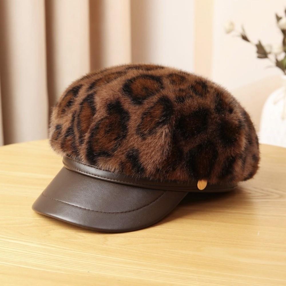 Plush Leopard Print Beret Leather Patchwork Artist Hat Vintage Octagonal Cap For Women