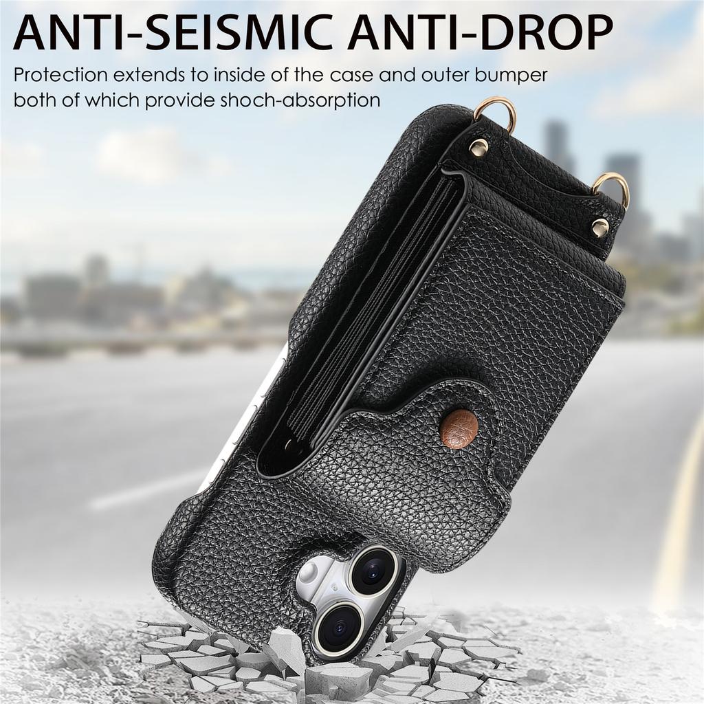 Чехол для iPhone 16 с зеркалом, держателем для карт, кожаной задней крышкой телефона с текстурой личи и длинным ремешком