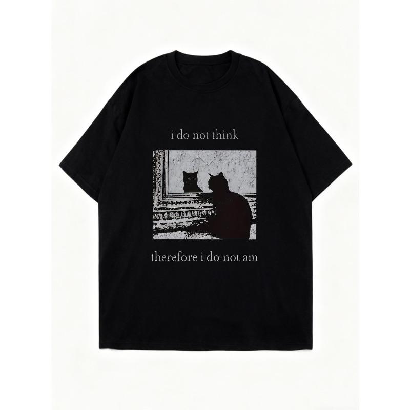 Футболка оверсайз с графическим принтом черного кота и надписью «Я не думаю, следовательно, я не существую», дизайн с текстом, повседневная уличная мода, женский летний топ